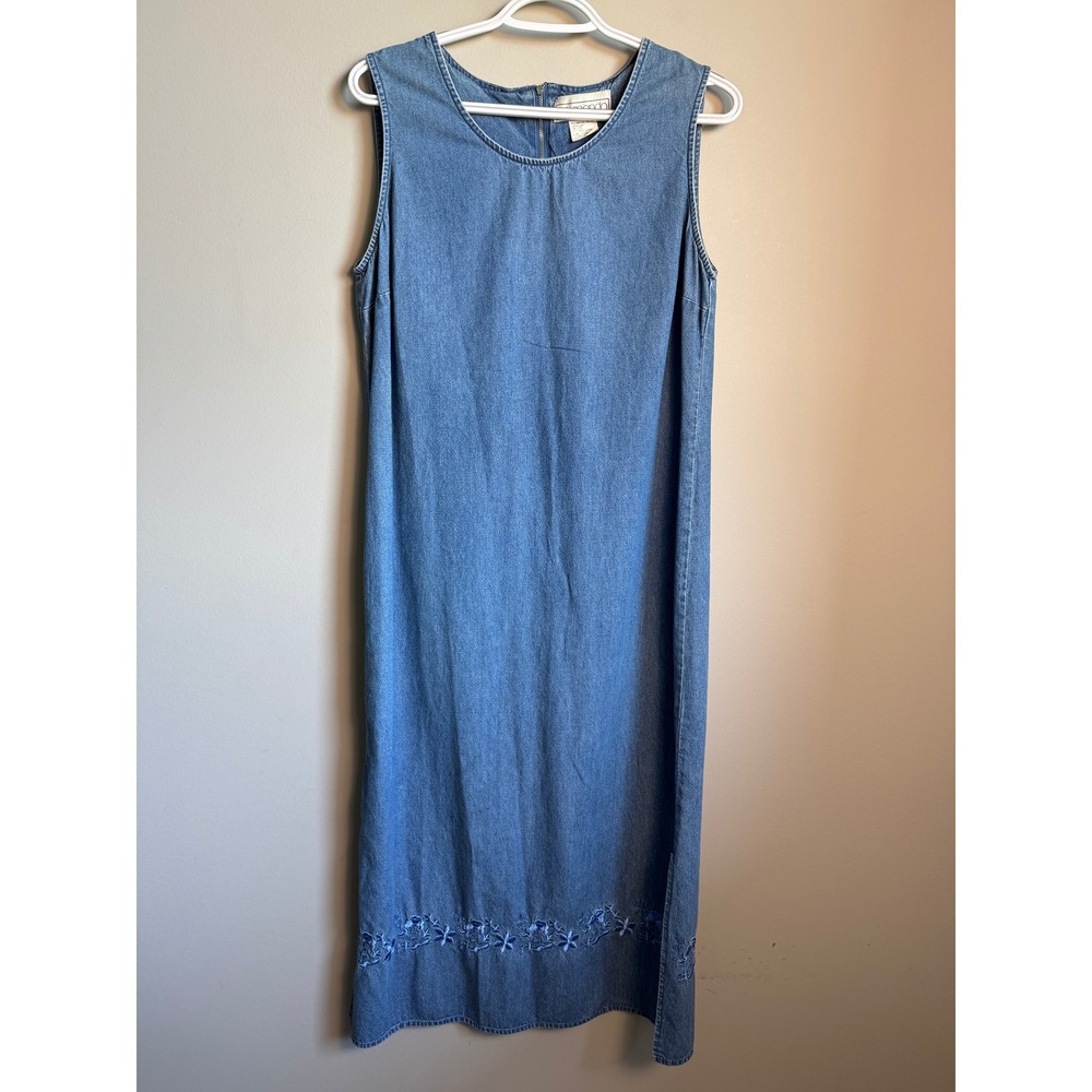Uni Mondo Denim Embroidered Floral Hem Midi Maxi Dress 12P Cottagecore Vintage
